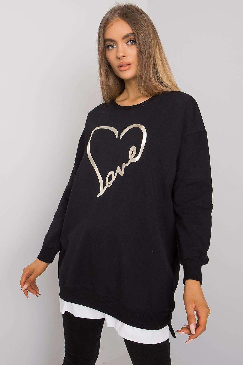 Black tunic sweatshirt with Love heart print and white hem panel, long sleeves