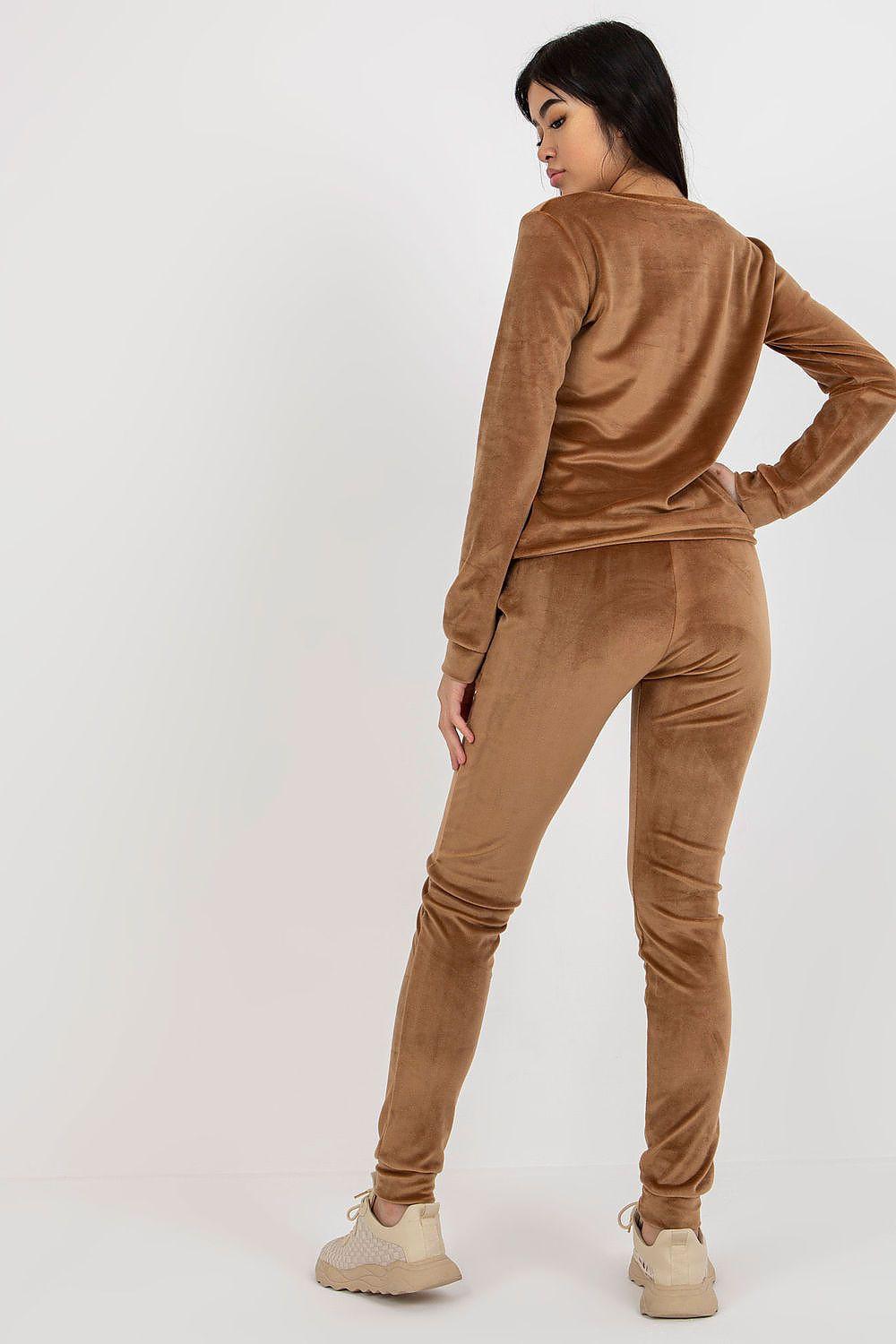 Tan-brown velour tracksuit set with long-sleeve top and drawstring jogger pants