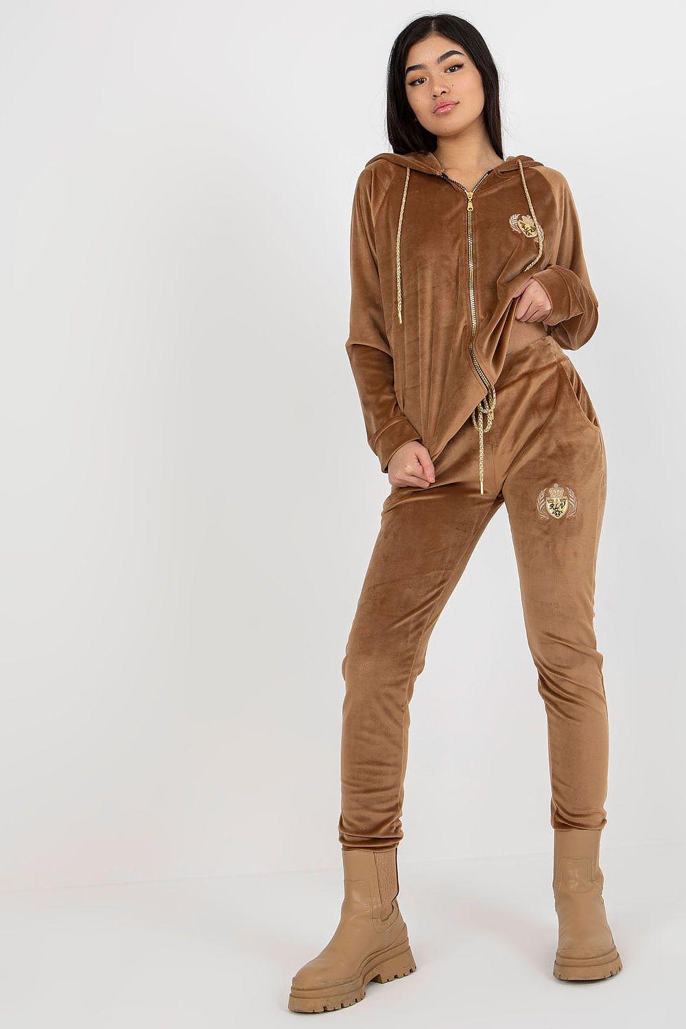 Brown velour loungewear set with embroidered hoodie and matching joggers