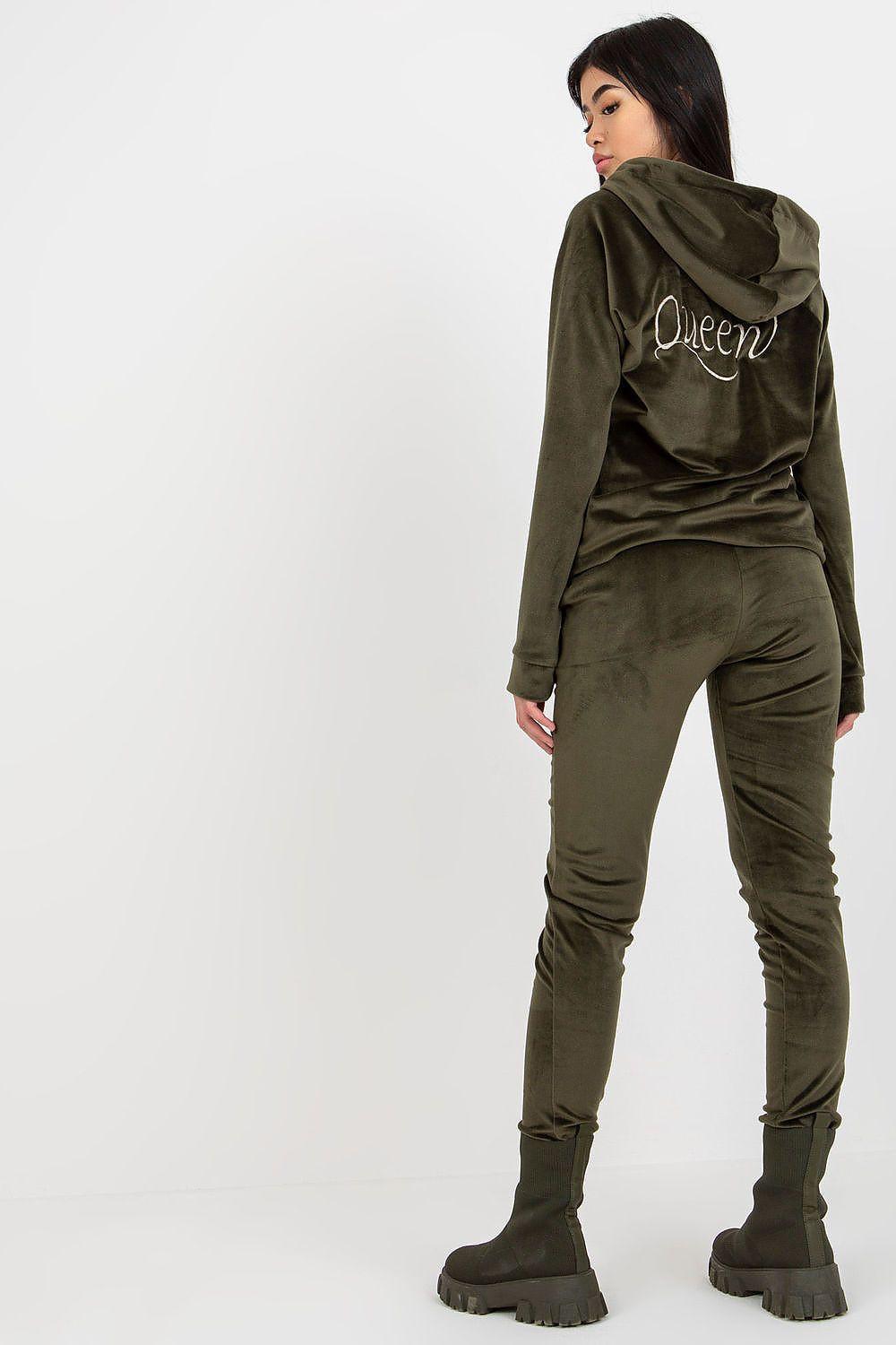 Olive velour hoodie and jogger set, back 'Queen' print, drawstring hood