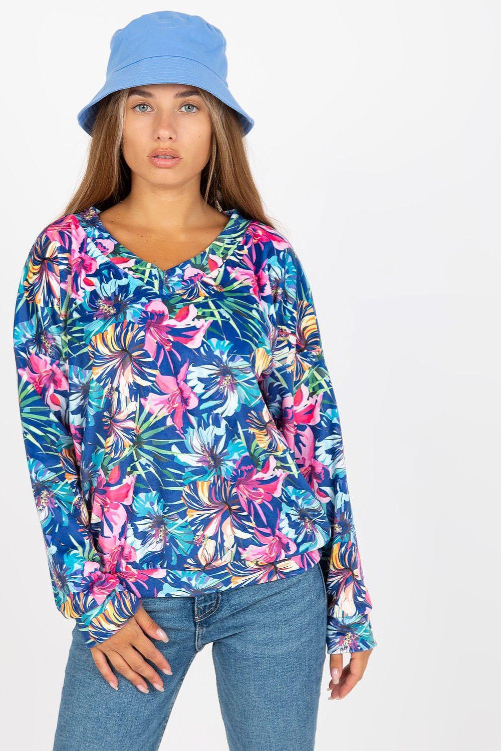Multicolor floral velour blouse with long sleeves and heart neckline