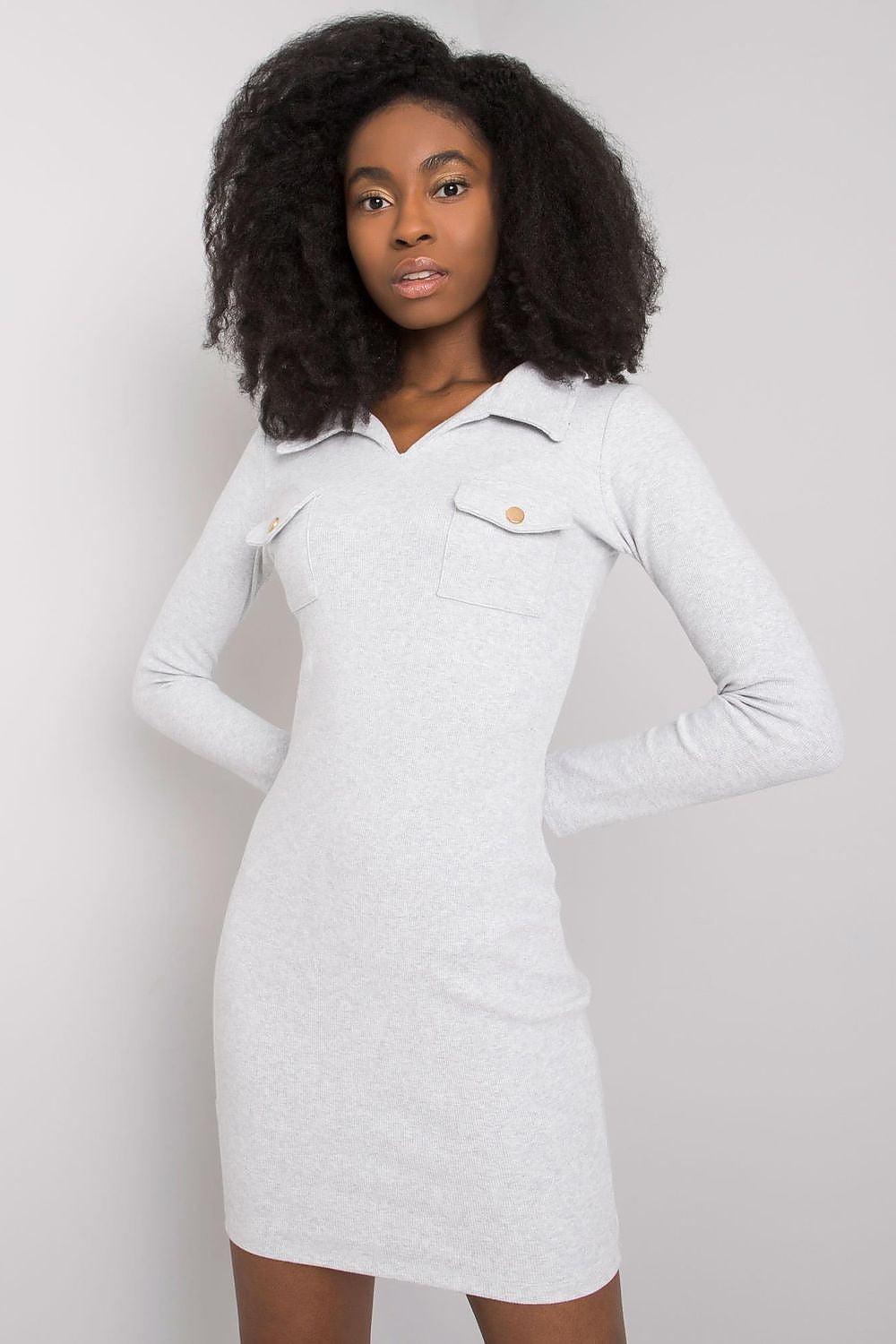 Light grey long-sleeve mini daydress with V-neck and chest pockets, front view
