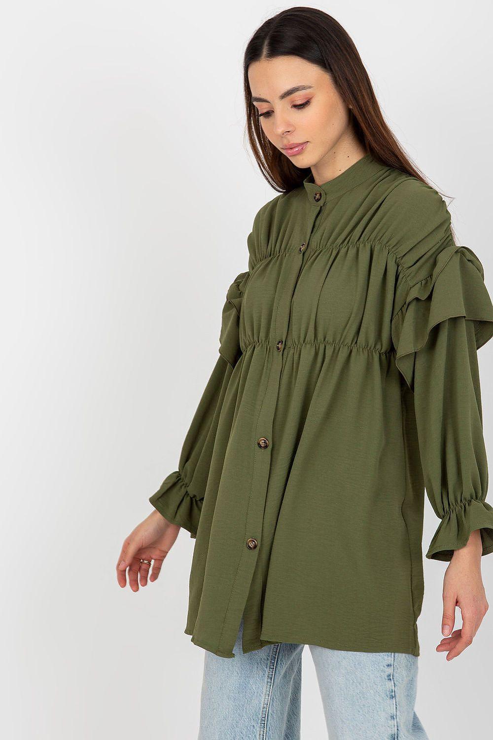 Green long-sleeve shirt with button front, gathered yoke, and cuffed sleeves