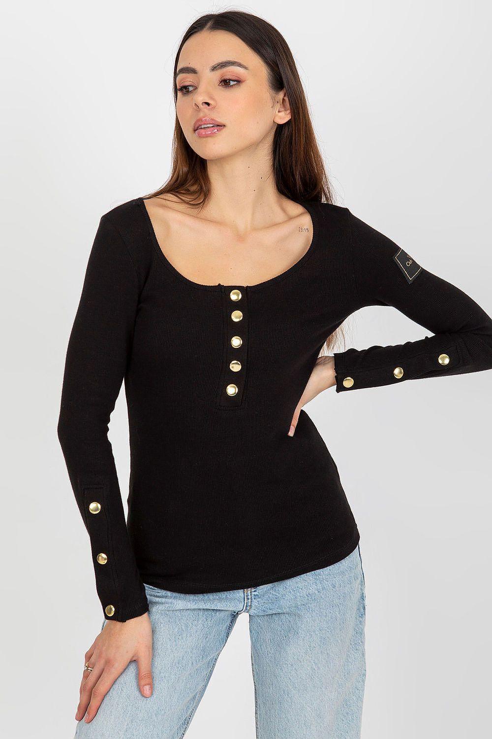 Black fitted cotton blouse with long sleeves and gold button placket
