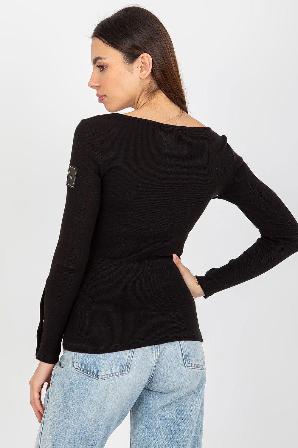 Black long-sleeve blouse with rounded back neckline and fitted waist