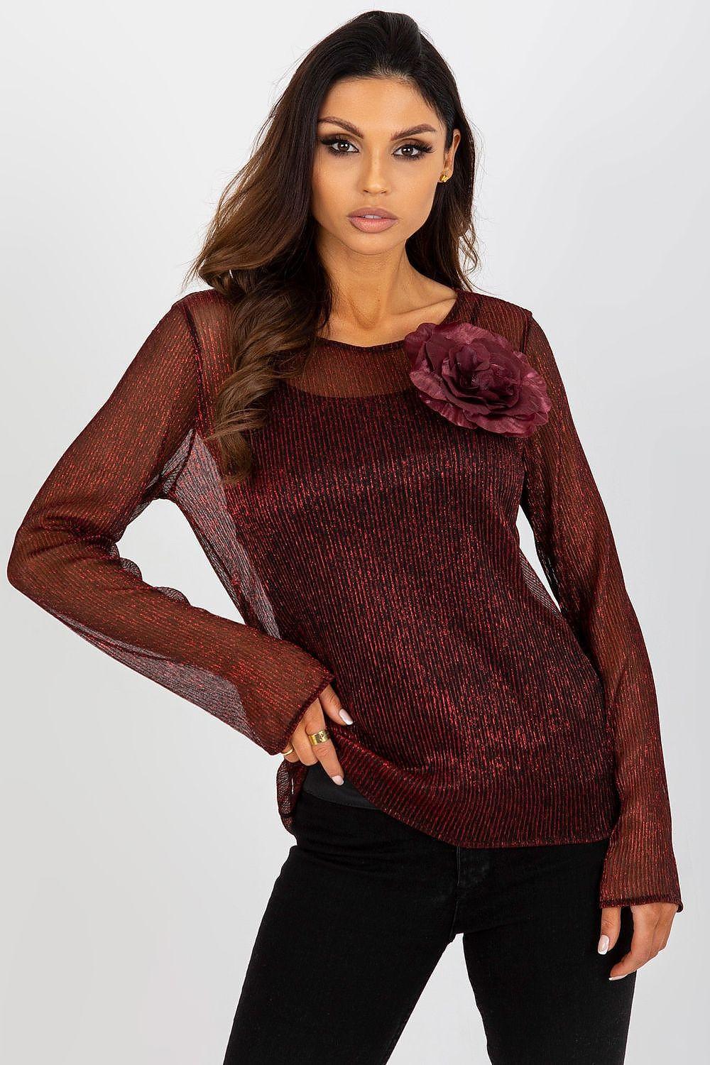 Sheer blouse with flower brooch detail, long sleeves, dark maroon fabric