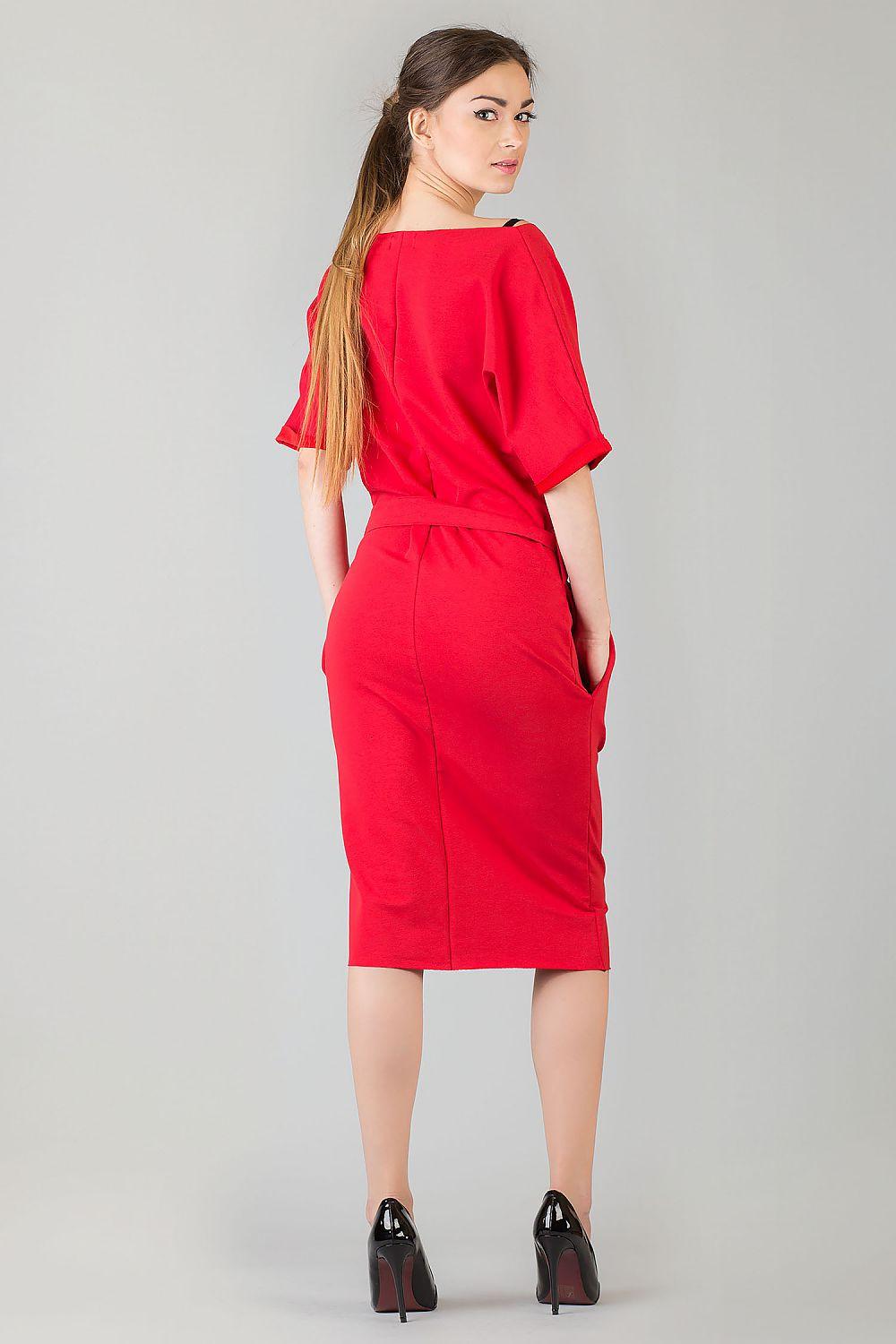 Red daydress with tie waist belt, short sleeves and rounded back neckline