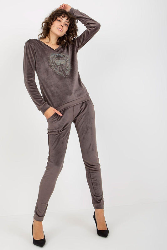 Grey velour V-neck top and matching jogger pants, long sleeves with logo front