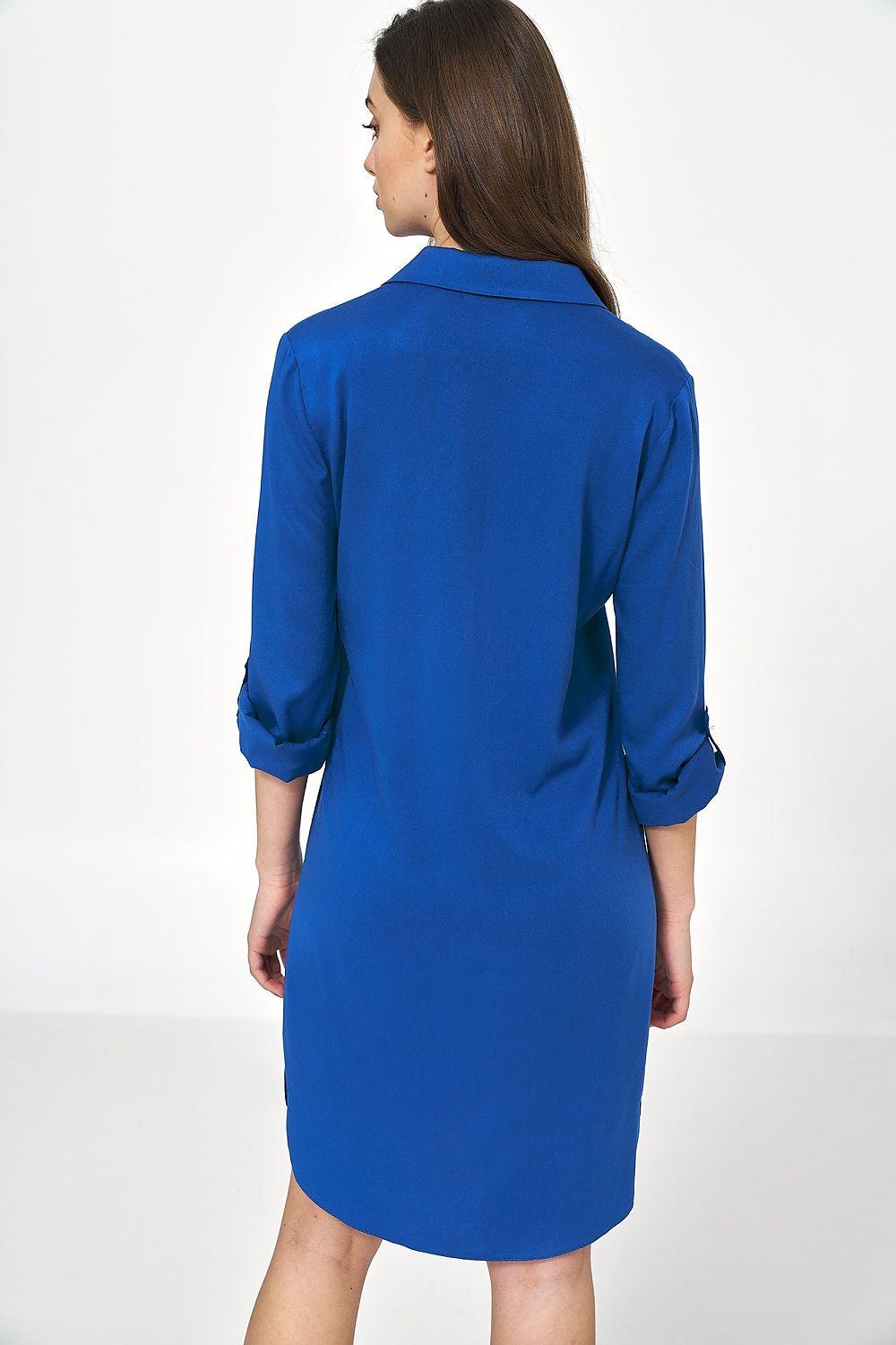 Blue daydress back view with button placket and cuffed 3/4 sleeves, above-knee length