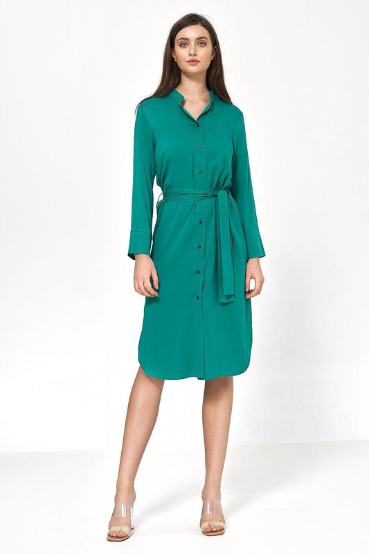 Green viscose belted midi shirt dress with button placket and 3/4 sleeves