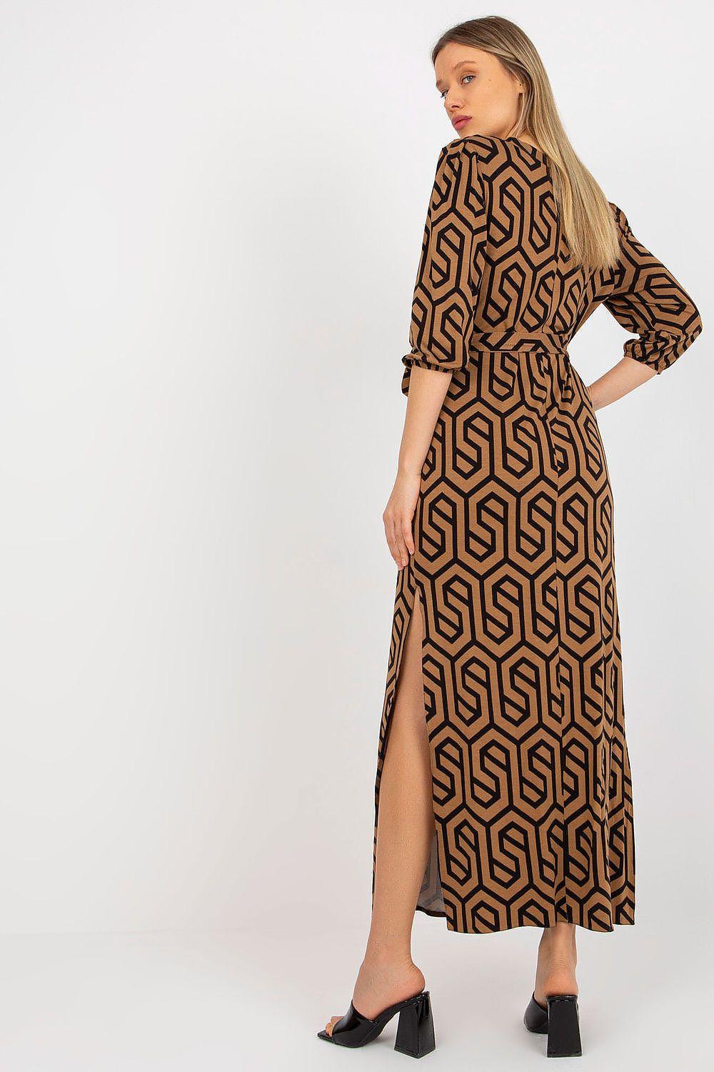 Brown geometric daydress with belted waist, long sleeves, front slit at hem