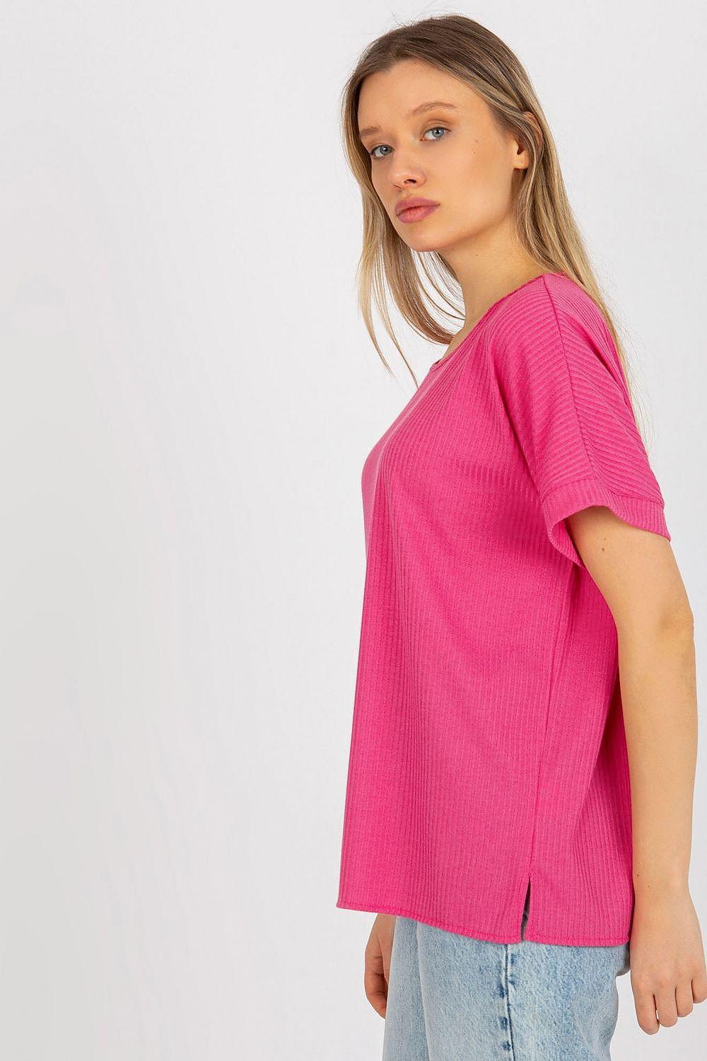 Pink short-sleeve blouse in relaxed style with crew neckline
