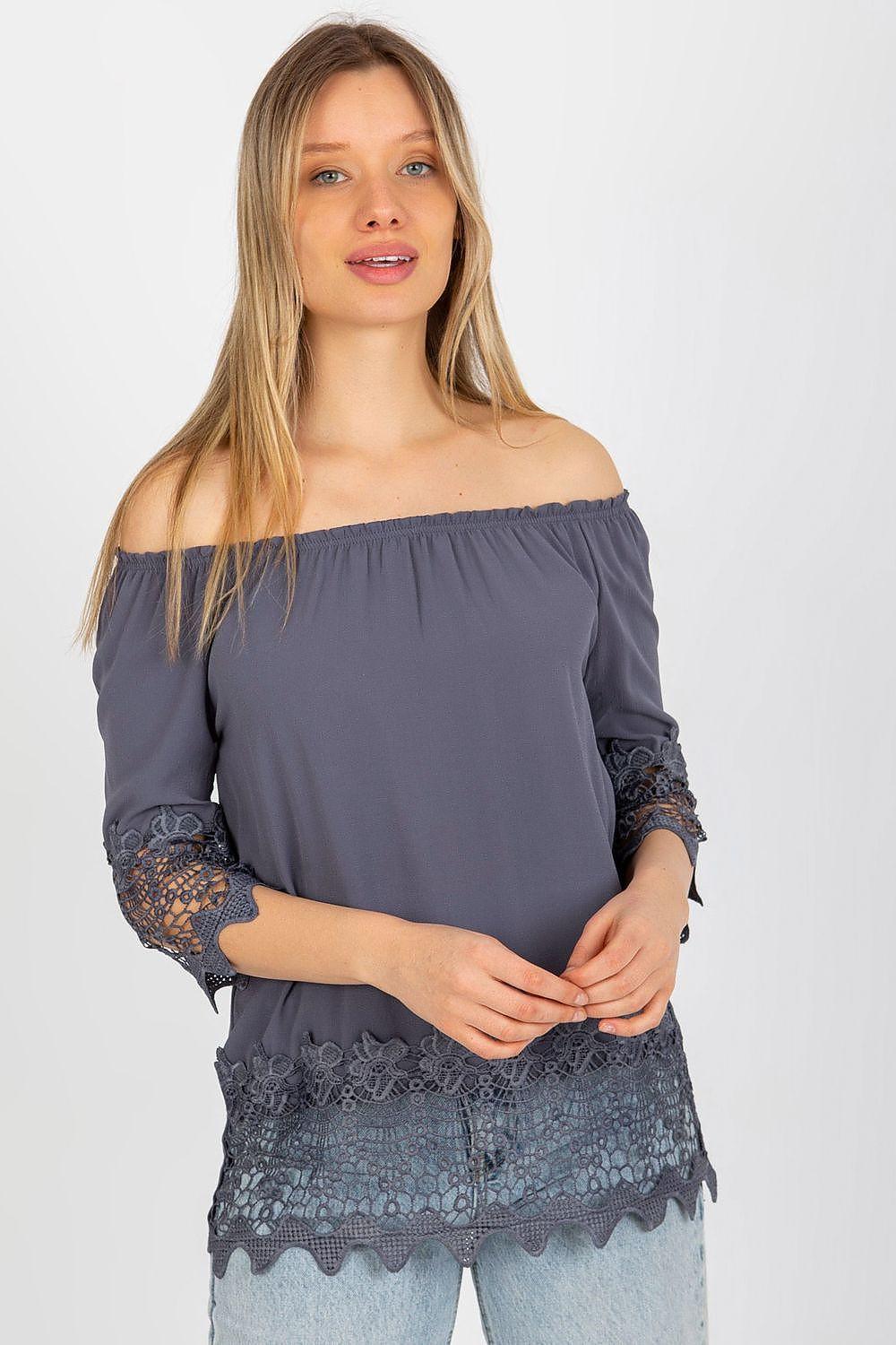 Grey off-shoulder blouse with lace-trim cuffs and hem