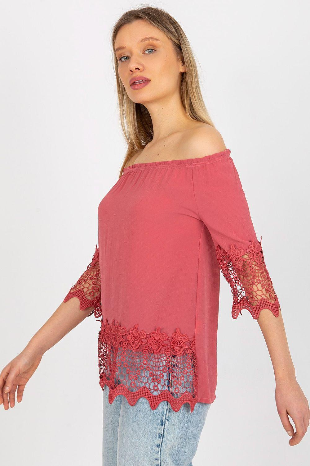 Pink off-shoulder blouse with lace three-quarter sleeves and ruffled hem