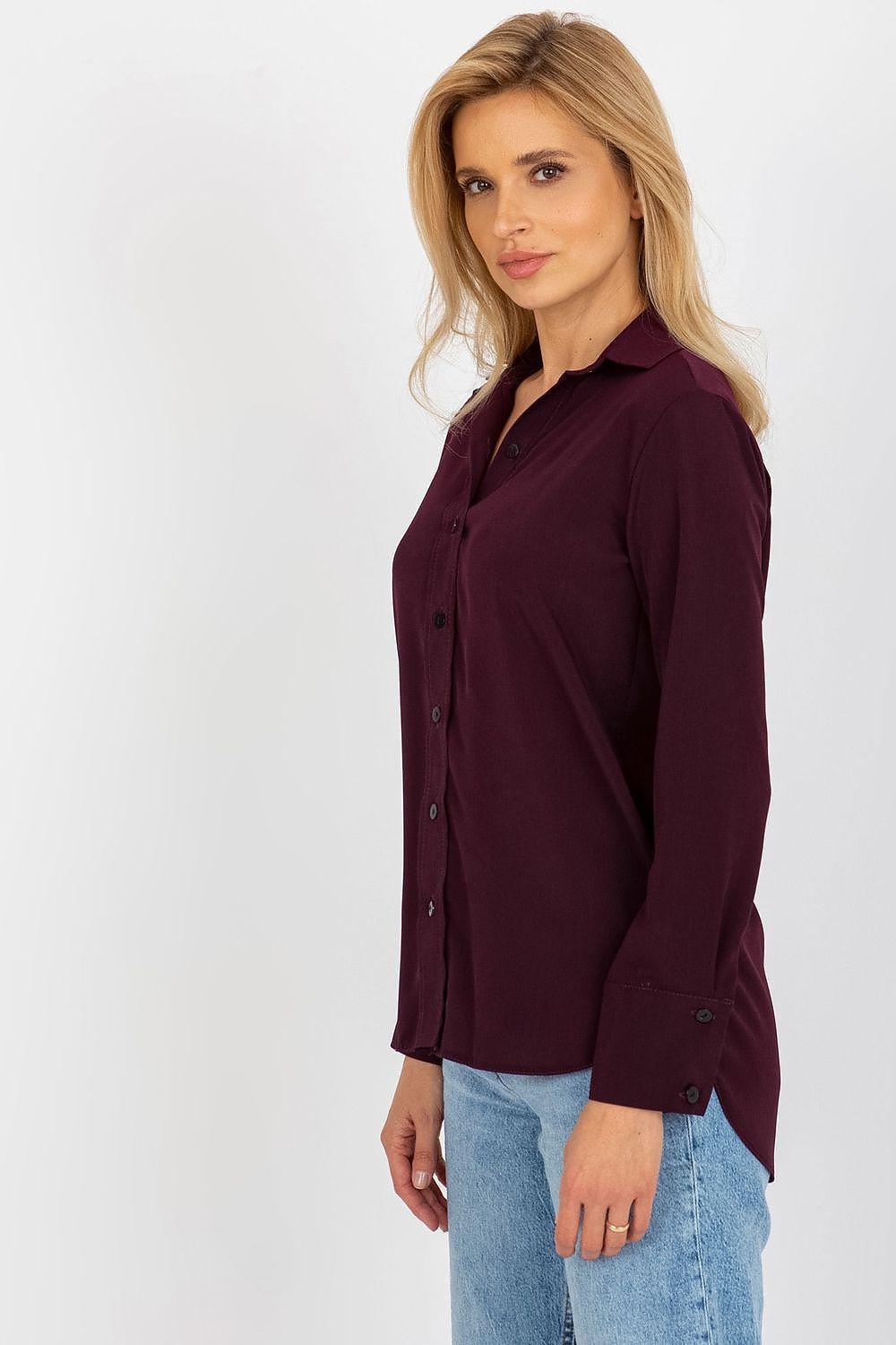 Violet long sleeve button-up shirt with collar and chest buttons