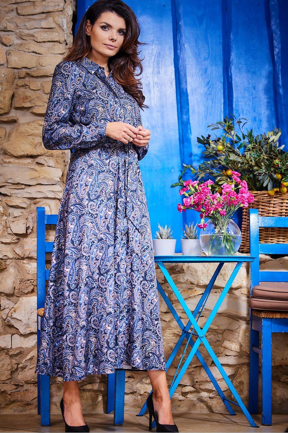 Blue paisley day dress with long sleeves, button-up collar, waist tie, midi length