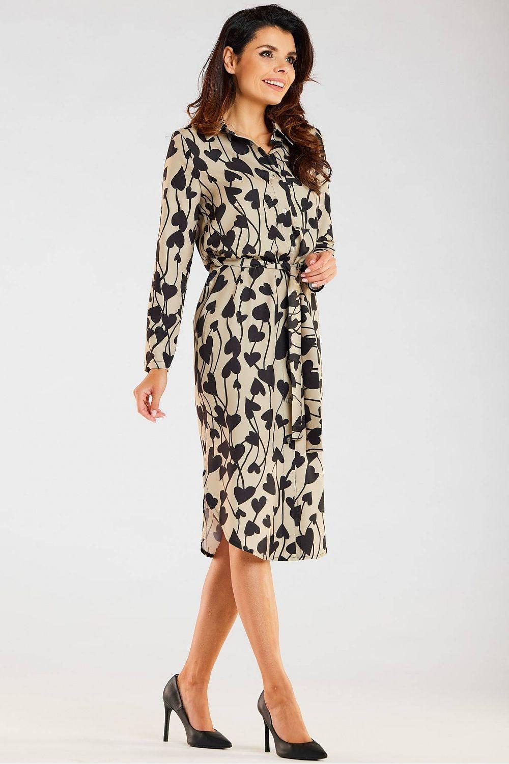 Beige heart print midi daydress by Awama, long sleeves, button-up front, belted