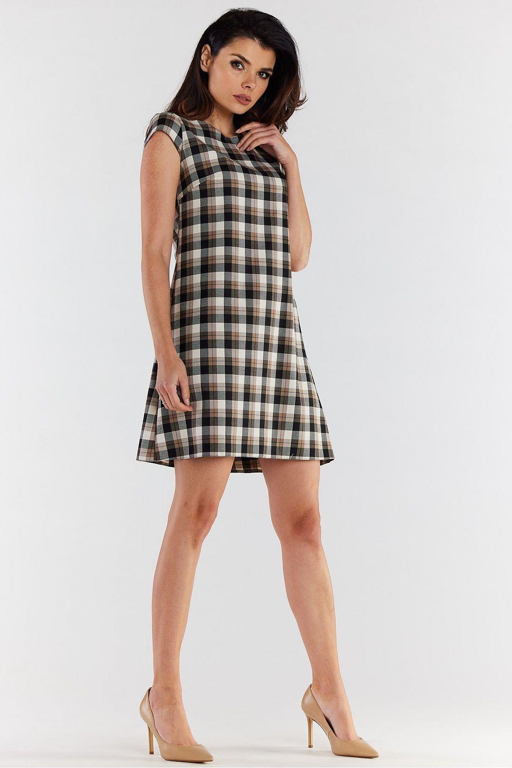 Awama daydress in brown check plaid, sleeveless A-line, above-knee length