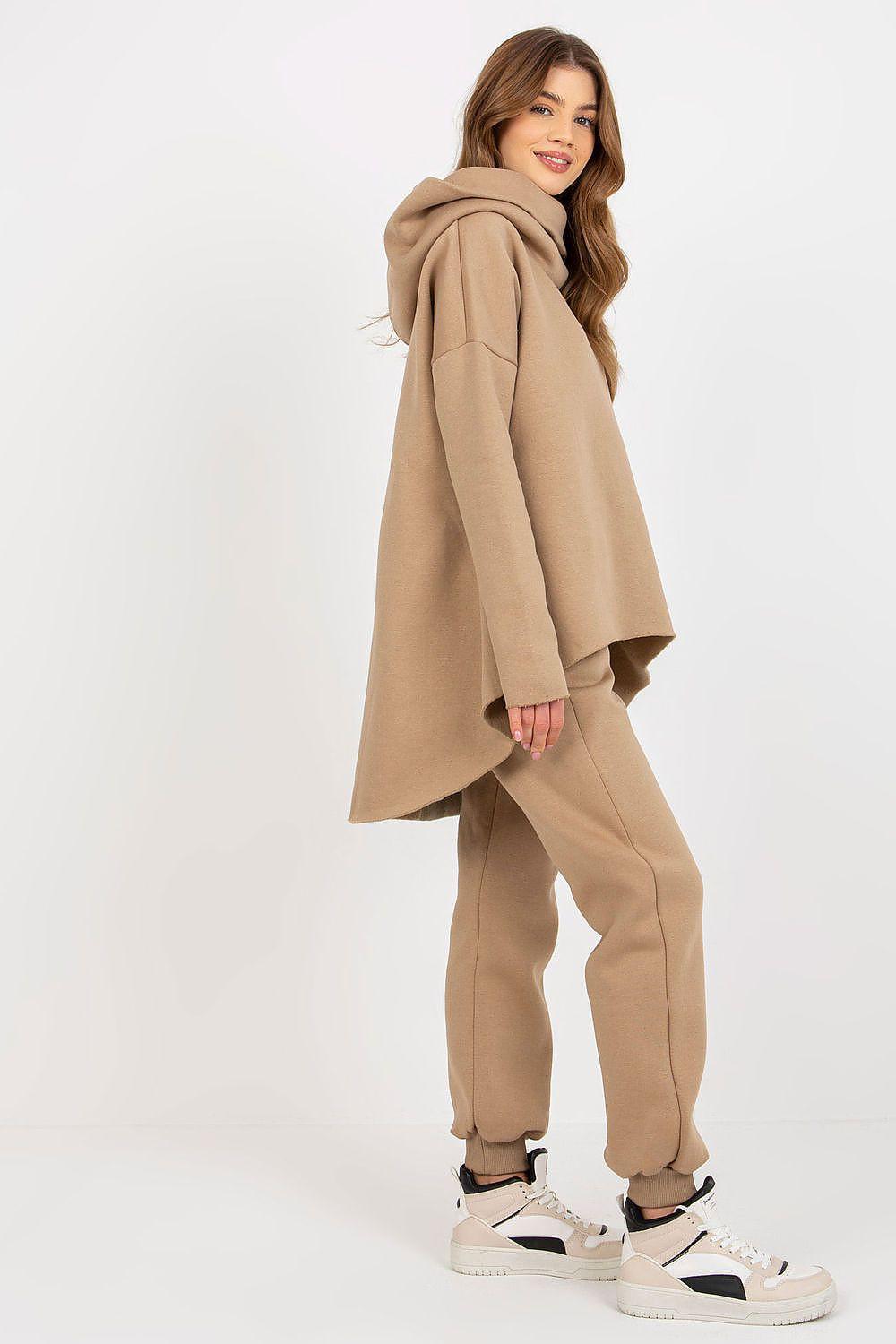 Beige oversized hoodie with cowl collar and tapered jogger pants set.