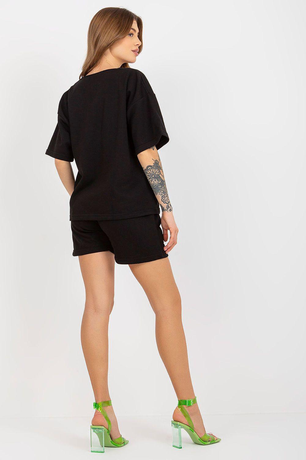 Black two-piece set: short-sleeve top and drawstring waist shorts, back view