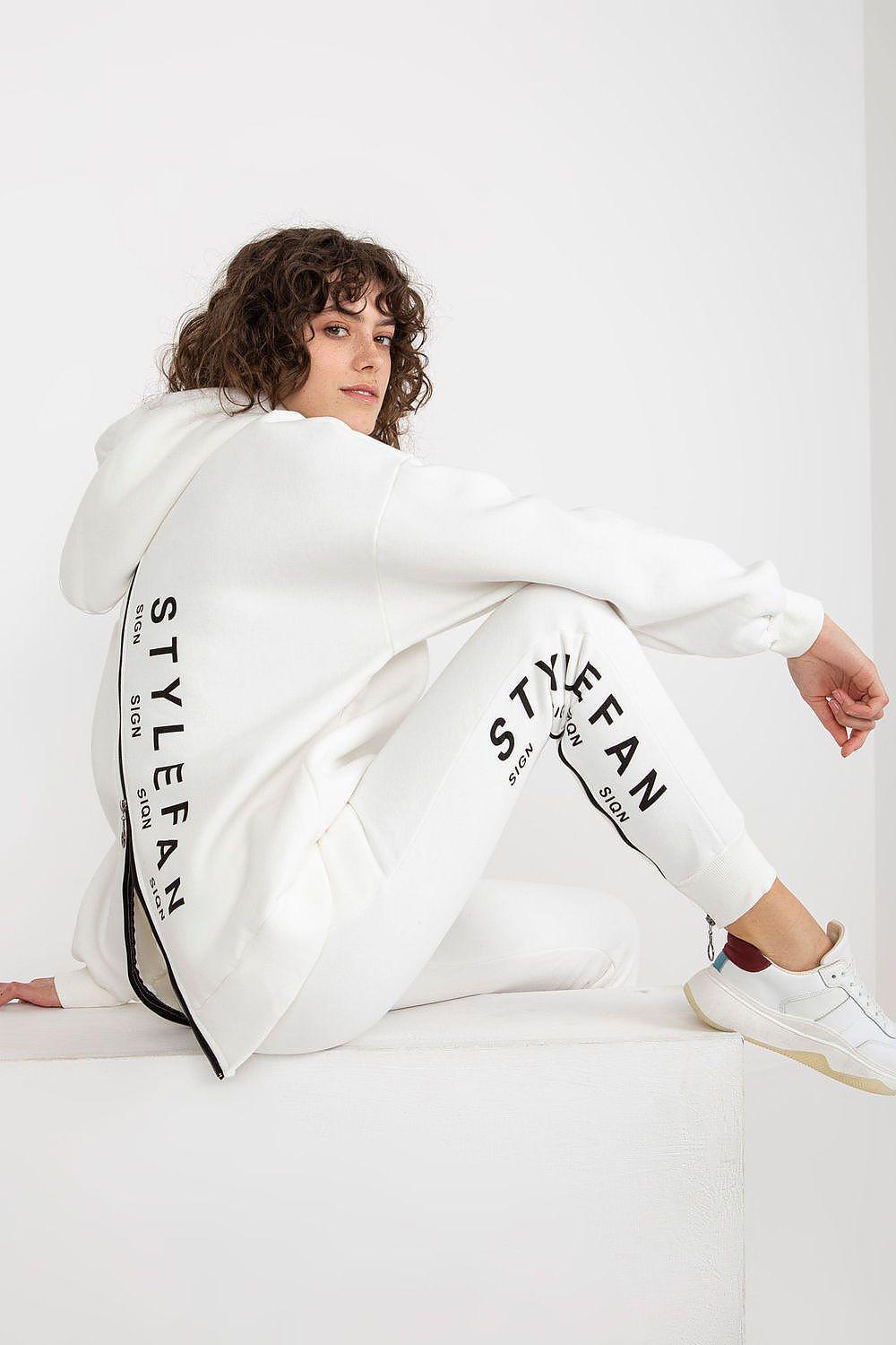 White hoodie and jogger set with large back graphic and drawstring hood