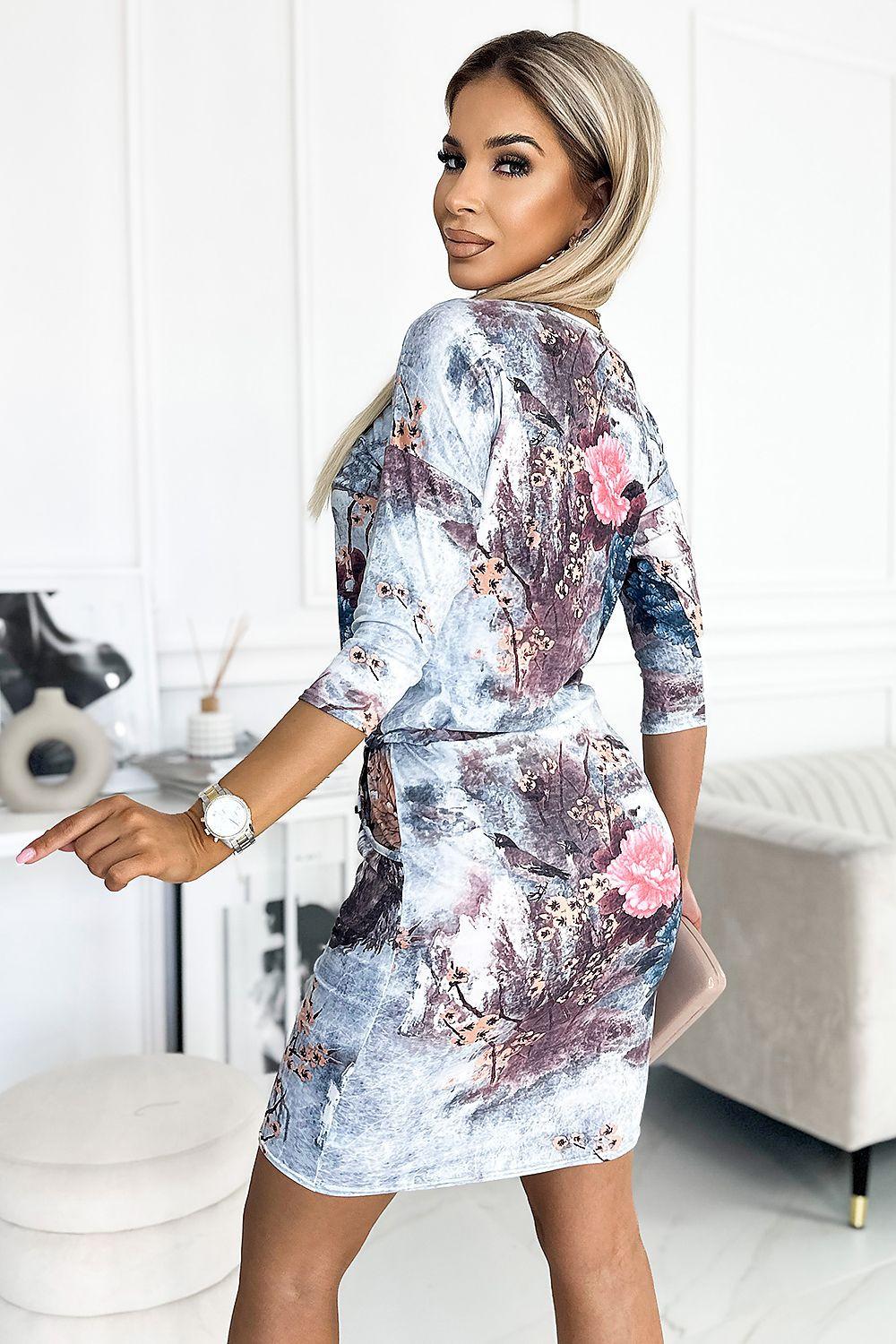 Numoco daydress model 177061, multicolor abstract floral print, boat neck, tied waist