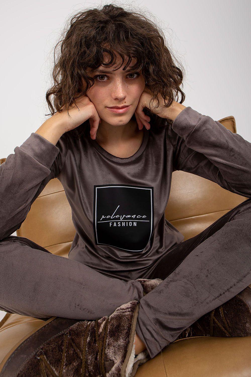 Grey velour tracksuit set with long-sleeve top and jogger pants, close-up