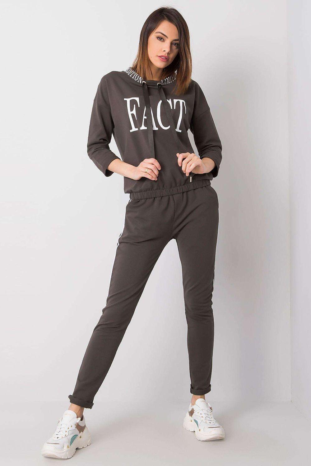 Women's dark tracksuit set with hoodie and jogger pants, front logo print