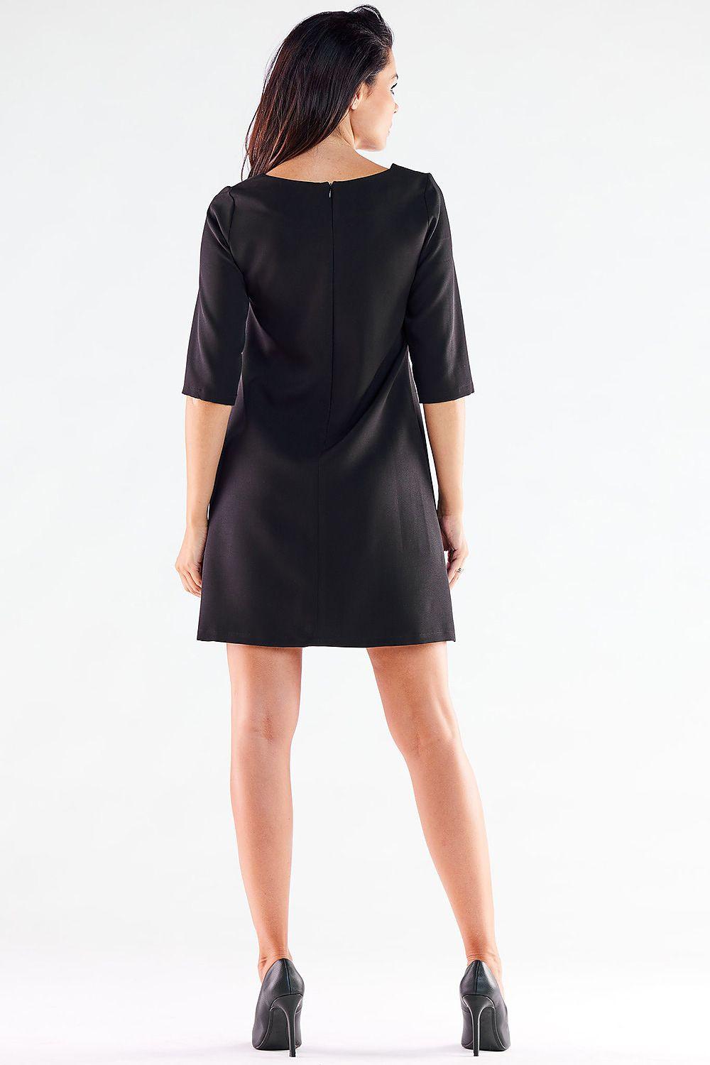 Awama black day dress, back view, short sleeves, A-line silhouette