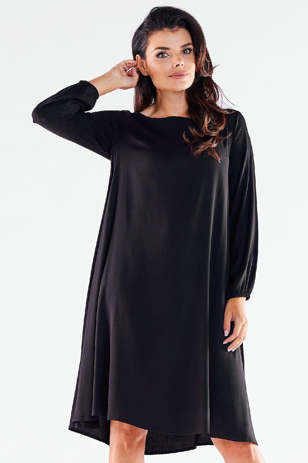 Awama daydress, black midi with round neckline and pleated hem, 3/4 sleeves