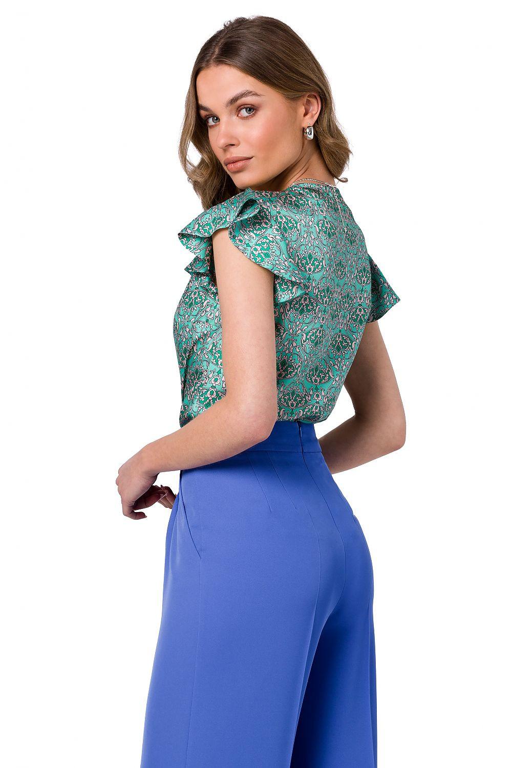 Teal patterned blouse with V-neck and short ruffle sleeves