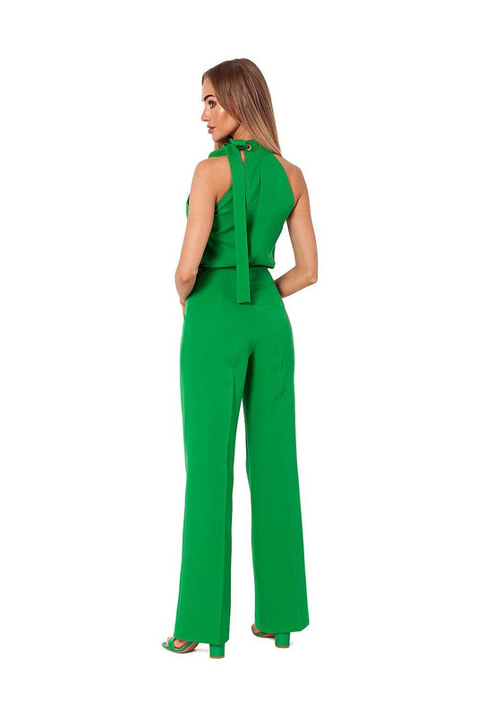 Green sleeveless wide-leg jumpsuit, open back with neck bow detail