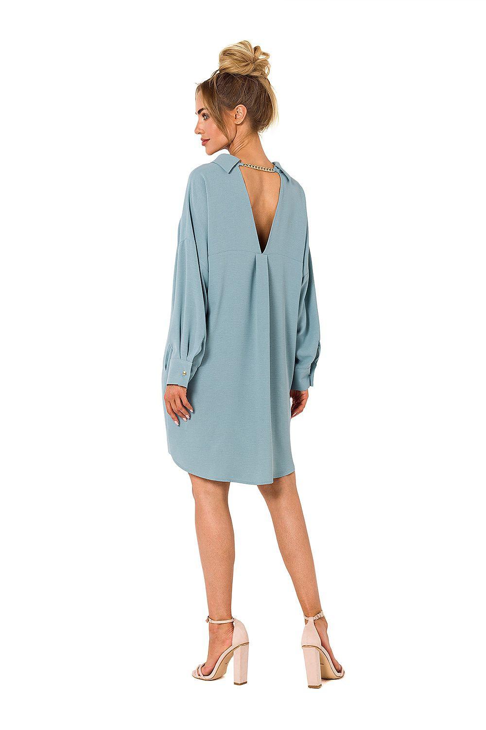 Light blue long-sleeve day dress with open V-back neckline