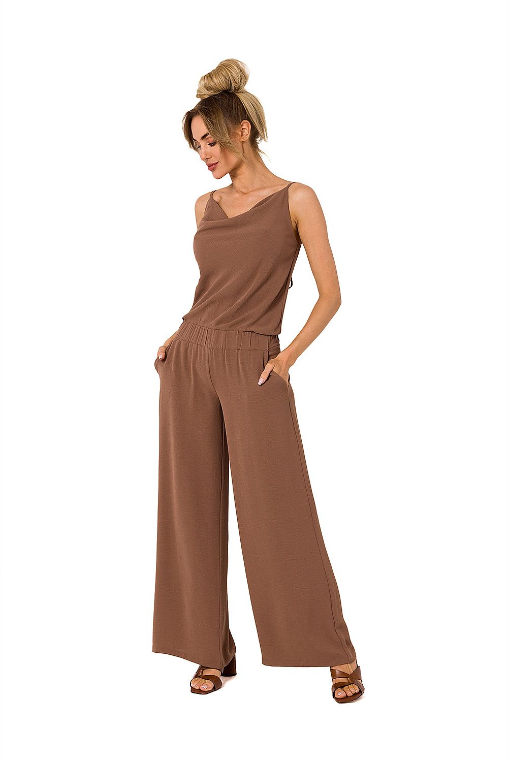 Brown sleeveless draped-neck jumpsuit with wide legs and gathered waist