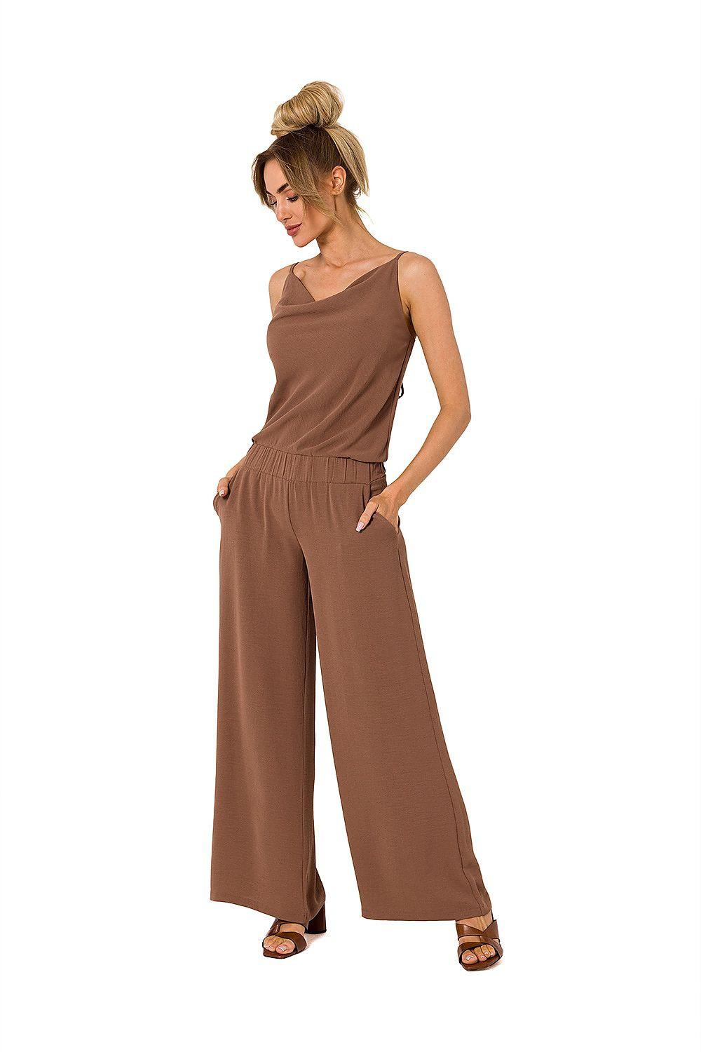 Brown sleeveless jumpsuit with draped neckline and wide-leg pants
