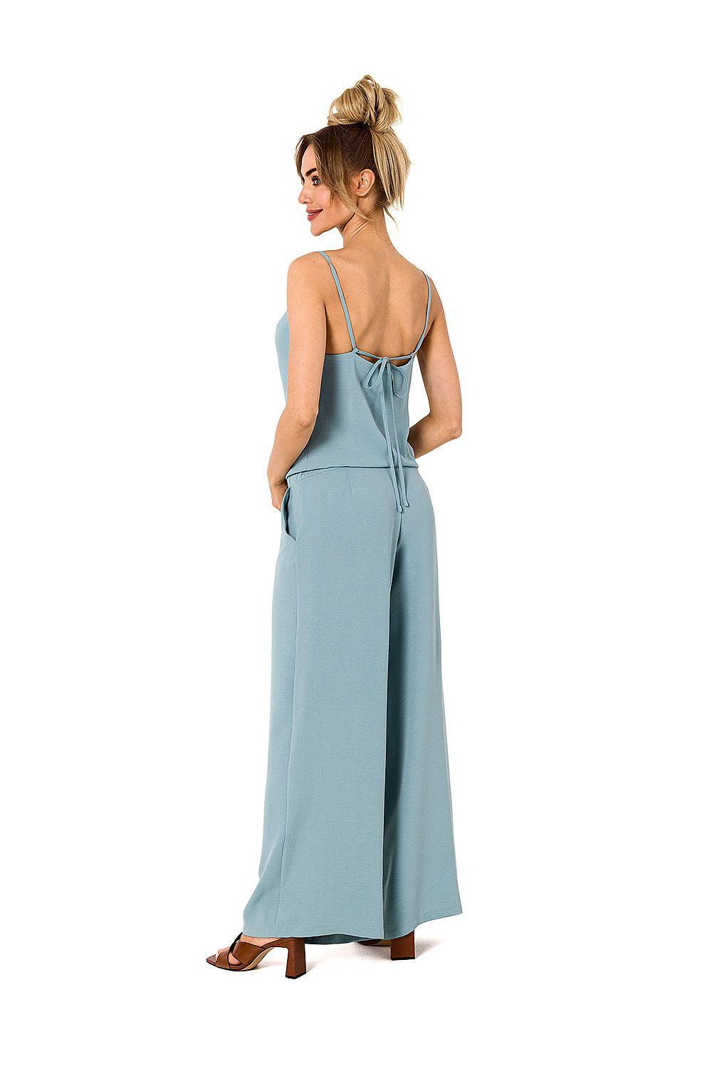 Blue back view wide-leg jumpsuit with thin straps and tie back