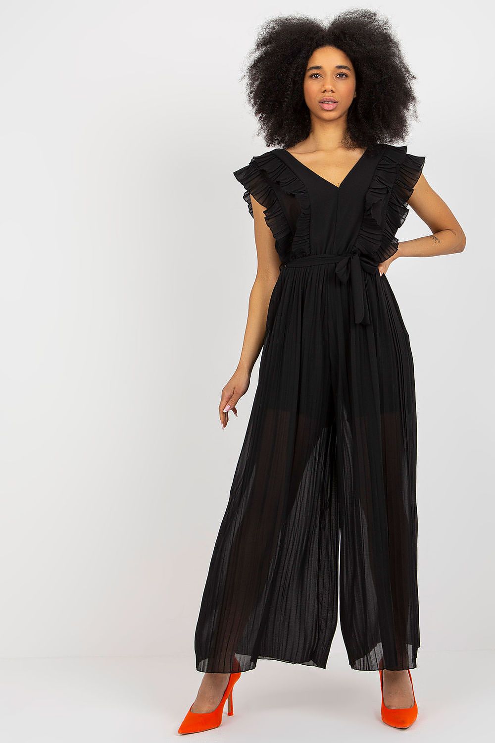 Black pleated wide-leg V-neck jumpsuit with ruffled cap sleeves and gathered waist