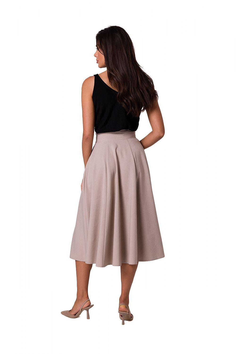 High-waist flared midi skirt in beige with decorative buttons, pleated back flare.