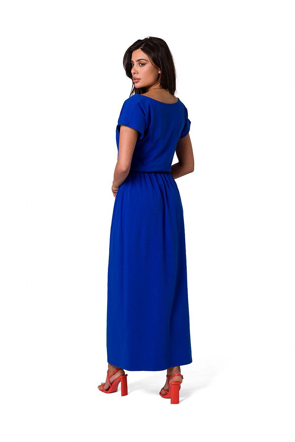 Blue short-sleeve midi day dress with gathered waist, back view