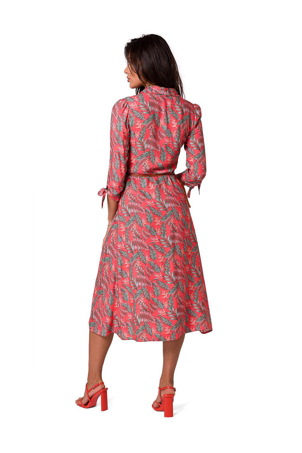 Pink patterned day dress, back view, tie belt, 3/4 sleeves and midi length