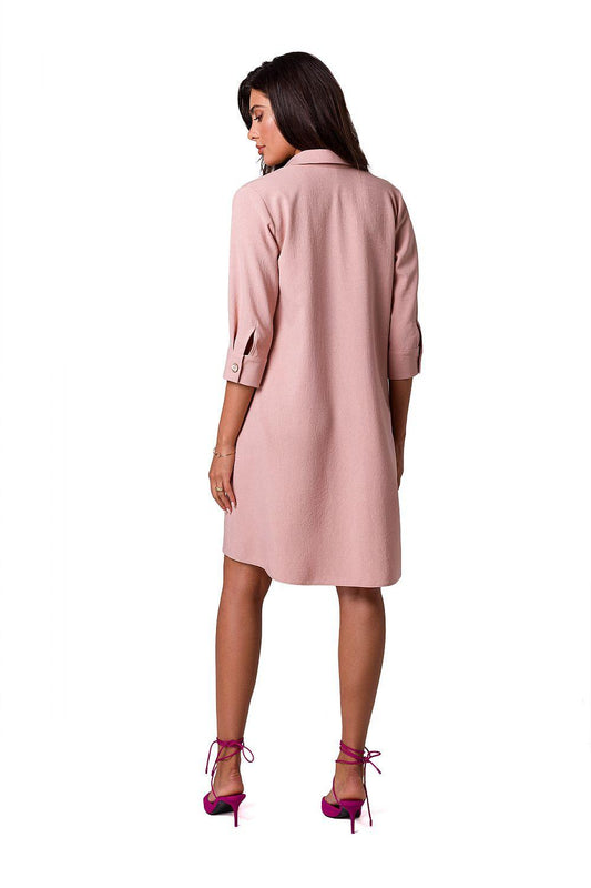 Pink button-front daydress, back view, 3/4 sleeves, collar, knee-length