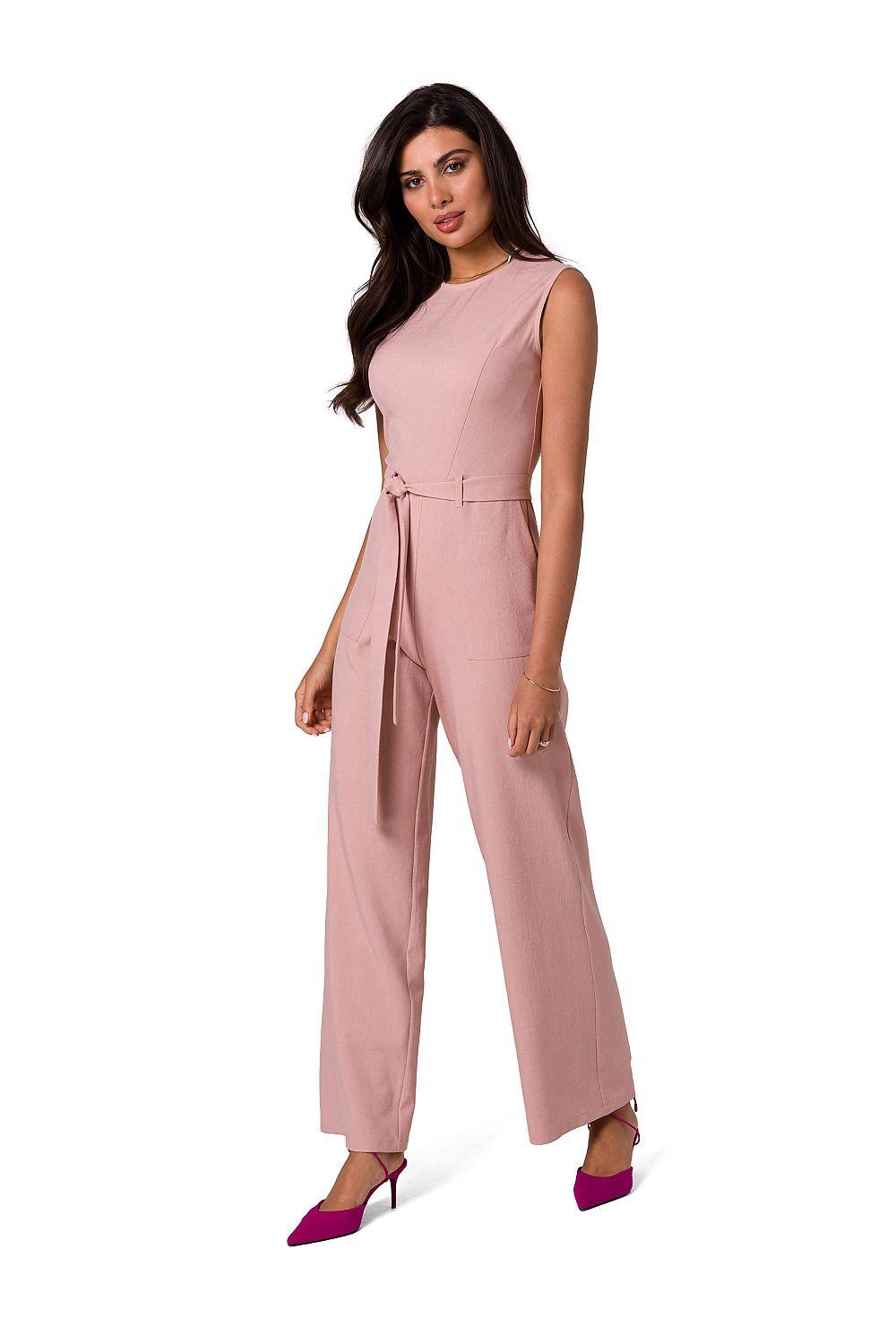 Pink sleeveless jumpsuit with tie belt, wide-leg pants and open neckline