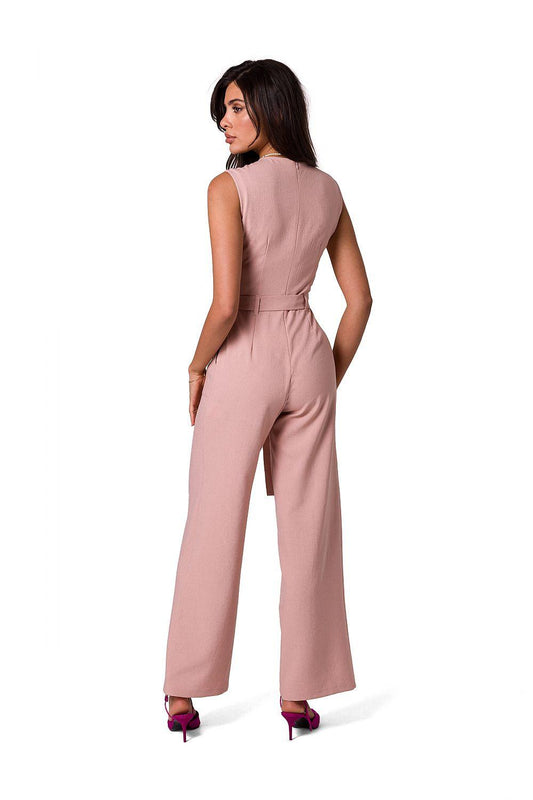 Pink back view sleeveless wide-leg jumpsuit with waist tie.