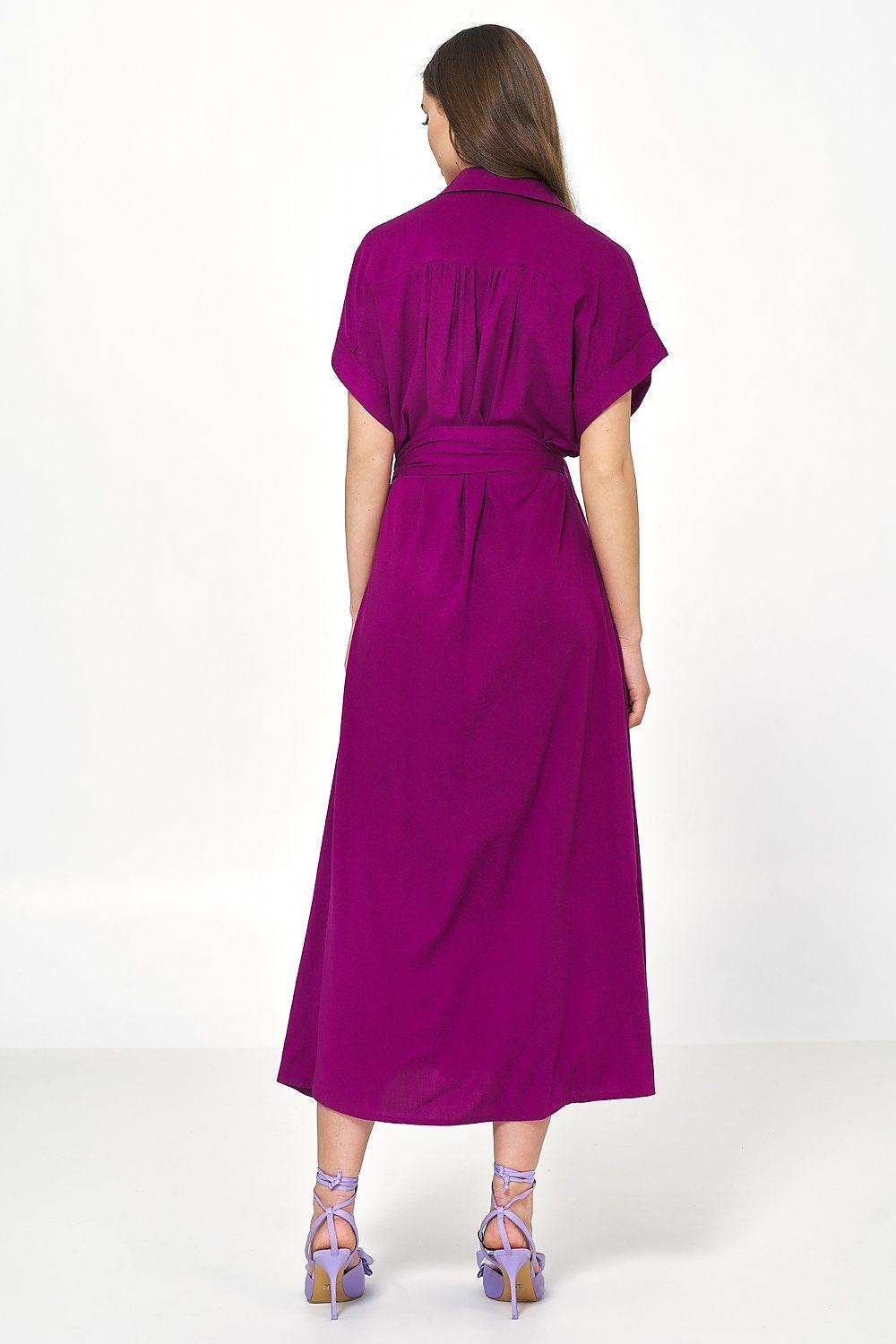 Violet day dress back view with gathered yoke and waist tie belt