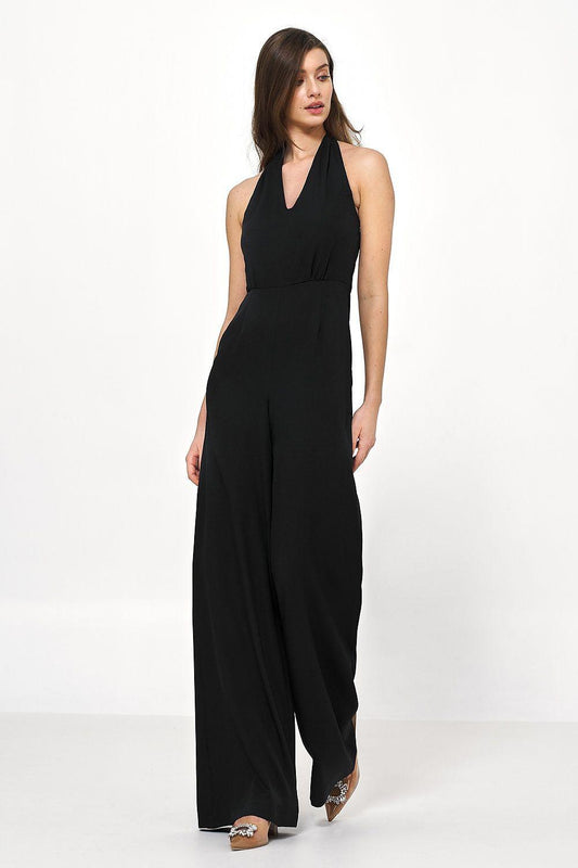 Black halter-neck wide-leg jumpsuit with V halter and fitted waist