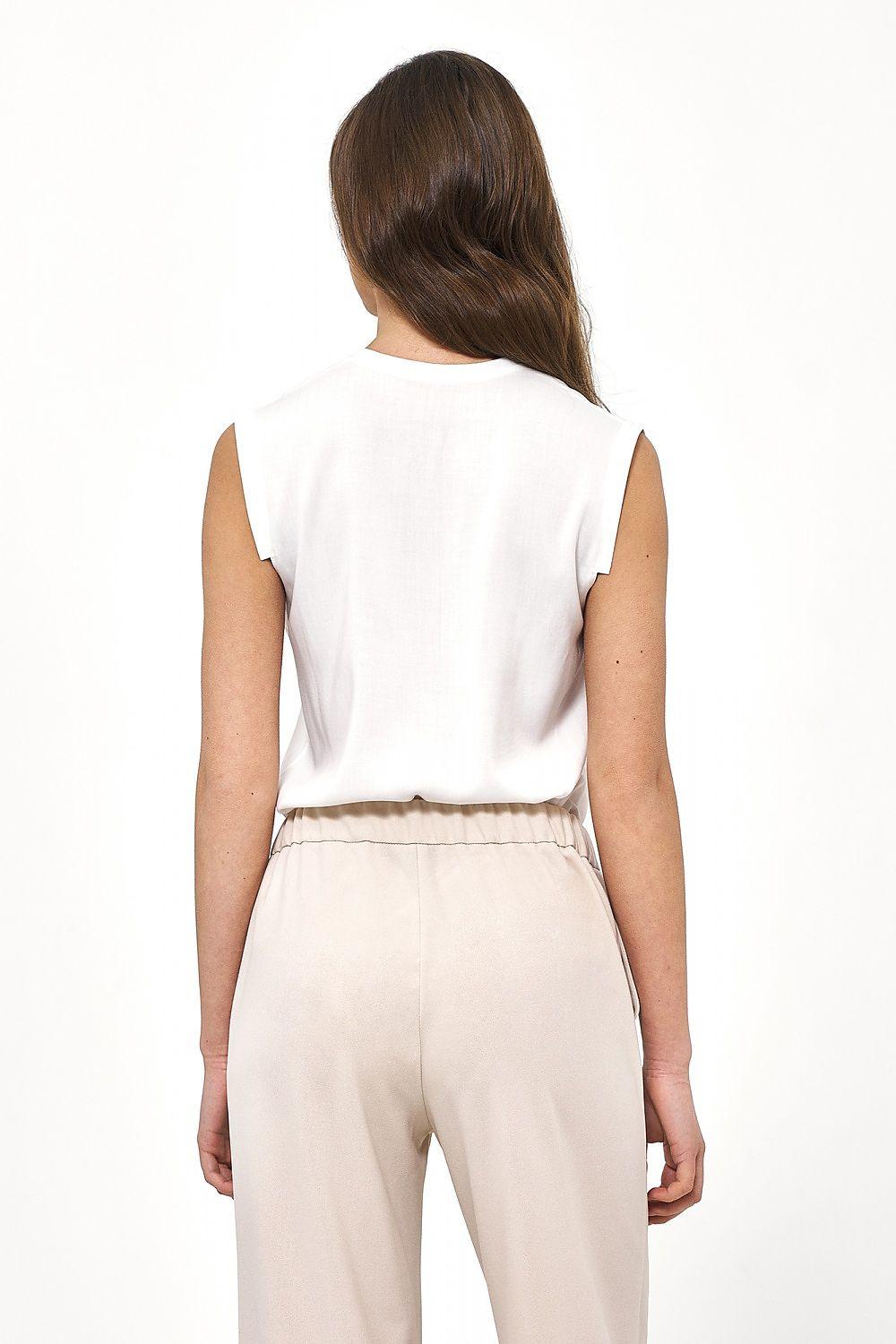 White sleeveless blouse back view with low neckline and straight hem