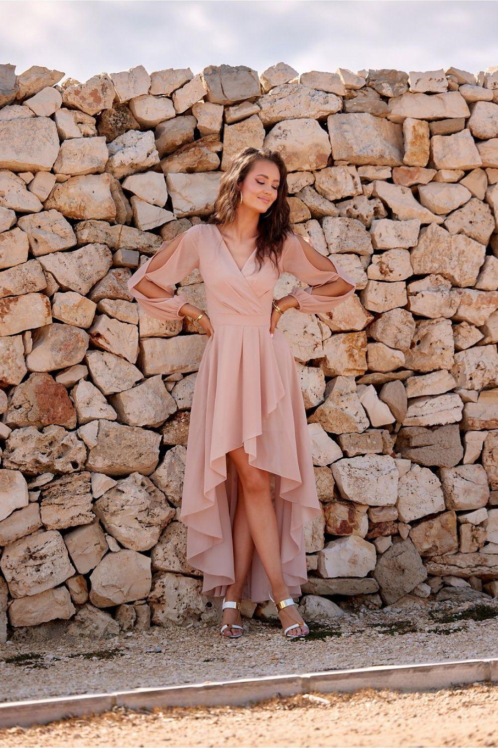 Beige cocktail dress with V-neck wrap, long sleeves, layered asymmetric skirt and slit