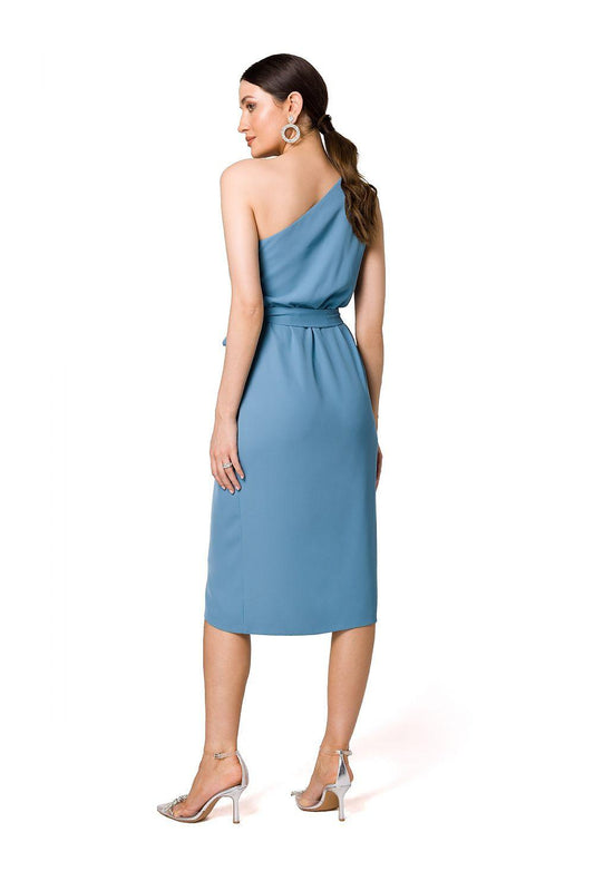 Blue one-shoulder cocktail dress with gathered waist and asymmetrical back drape