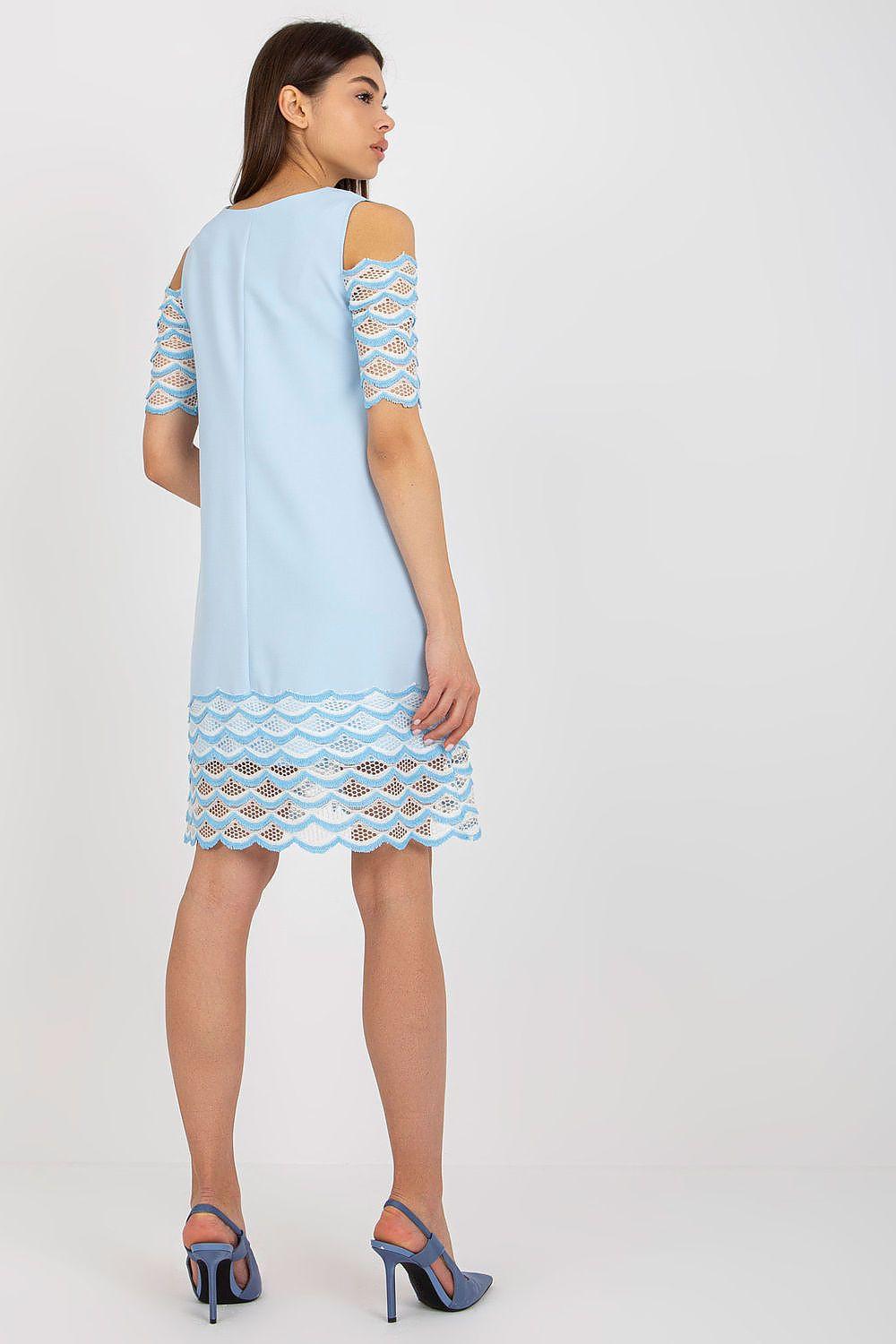 Light blue cocktail dress back view with openwork sleeves and lace scalloped hem