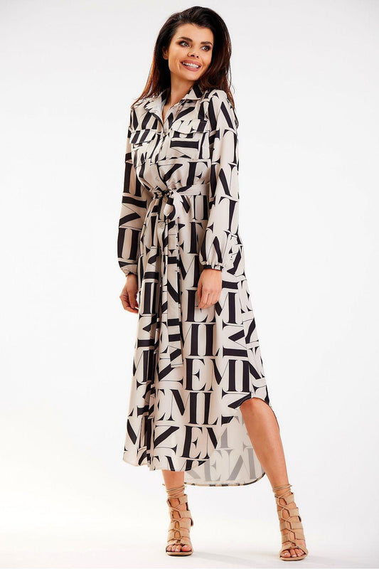 Awama daydress, beige and black logo print, long sleeves, self-tie waist, midi hem